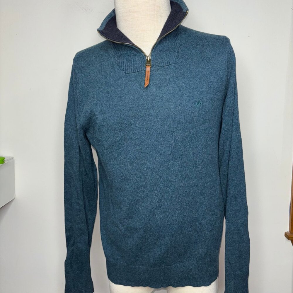 Fat Face Sweater Mens Medium Green/Blue Cashmere Cotton 1/4 Zip Long Sleeve